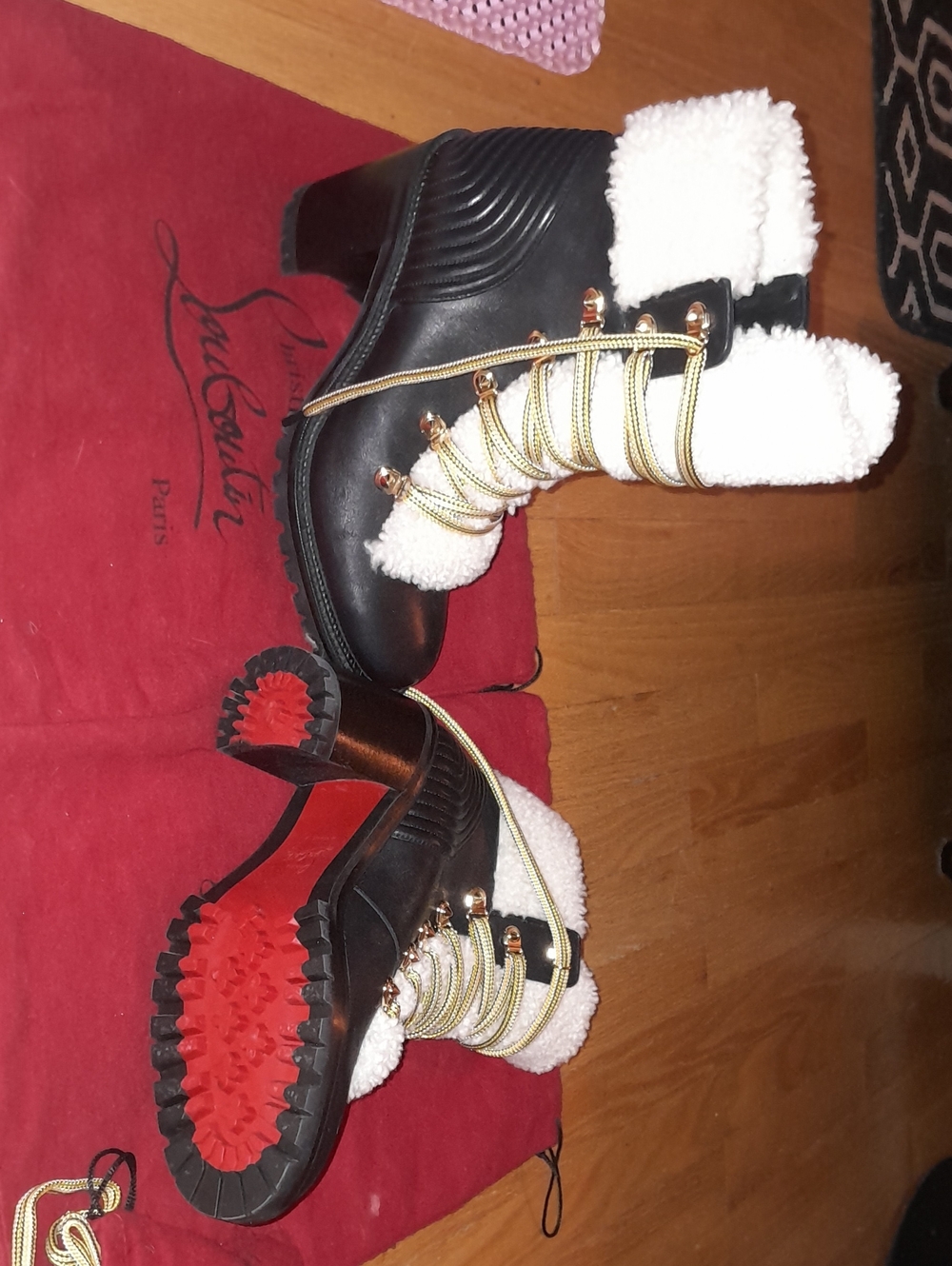 Christian Louboutin Black Leather Shearling Trim Lace-Up Heeled Boots